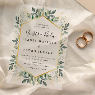 Elegante Green Gold Blätter Nuestra Boda Wedding Pergament Einladungen