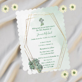 Elegante Green & Gold Cross Taufe Einladung