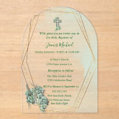 Elegante Green & Gold Cross Taufe Einladung (Vorderseite)