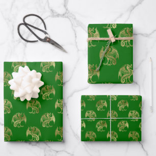 Elegante Green Gold Dragon Wrapping Paper Sheets Geschenkpapier Set