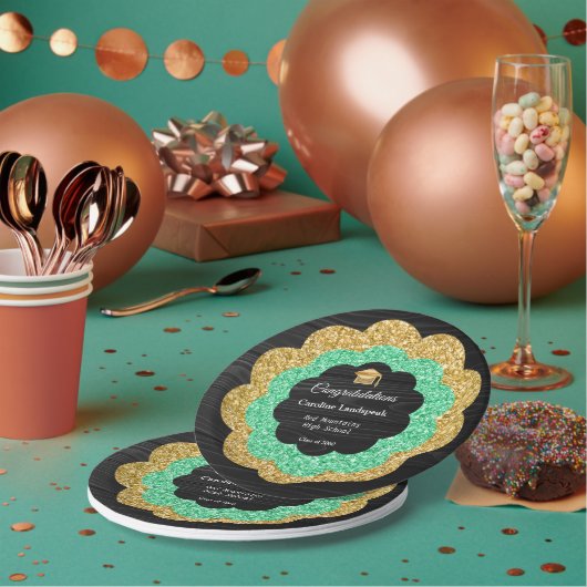 Elegante Green Gold Floral Graduation Party Pappteller (Multi)