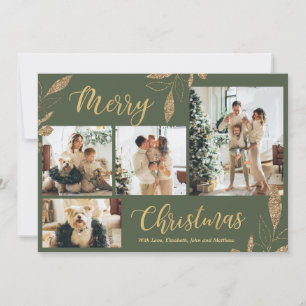 Elegante Green Gold Foto Collage Weihnachtskarte
