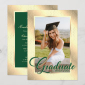Elegante Green Gold Foto Graduation Party Einladung (Vorne/Hinten)