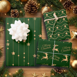 Elegante Green Gold Glitzer Stars und Rentiers Geschenkpapier Set