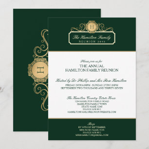 Elegante Green Gold Monogram Family Wiedersehen Einladung