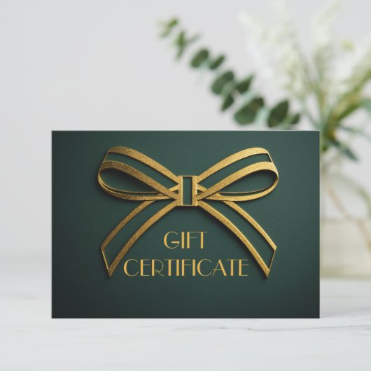 Elegante Green & Gold Ribbon Geschenkgutschein-Kar (Stehend Vorderseite)