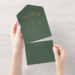 Elegante Green Gold Typografy Wedding All In One Einladung