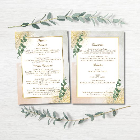 Elegante Green & Gold Wedding Menu Card Menükarte