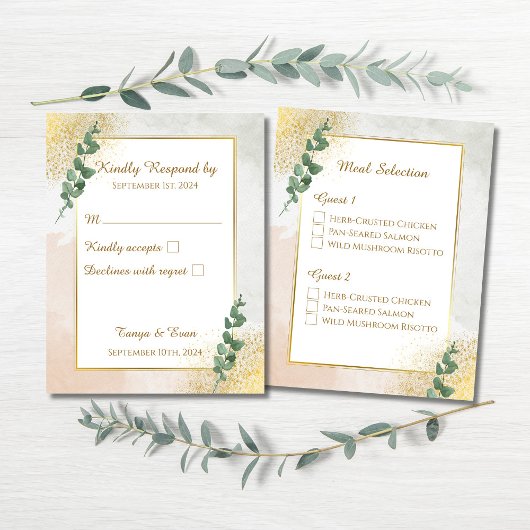 Elegante Green & Gold Wedding RSVP Response Card Karte