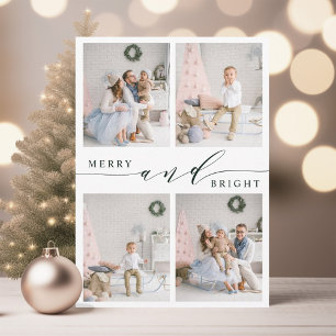 Elegante Green Merry & Bright 4 Foto Collage Feiertagskarte