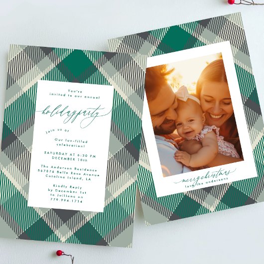 Elegante Green Plaid Foto Weihnachtsfeier Einladung