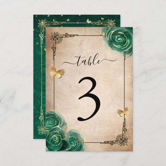 Elegante Green Rose Gold Black Tischnummer Cards (Vorne/Hinten)