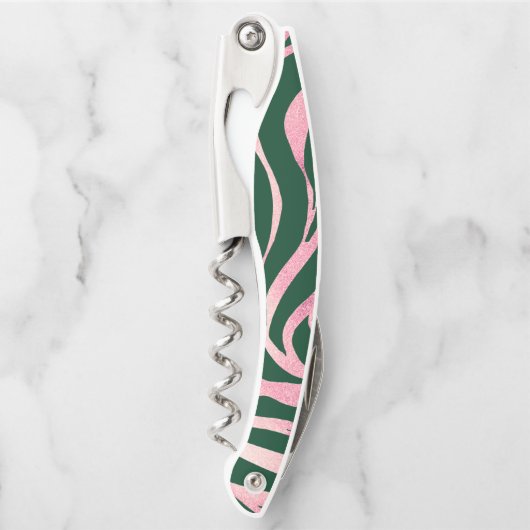 Elegante Green Rose Gold Glitzer Zebra Kellnermesser (Vorderseite)
