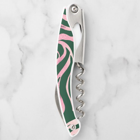 Elegante Green Rose Gold Glitzer Zebra Kellnermesser (Rückseite)