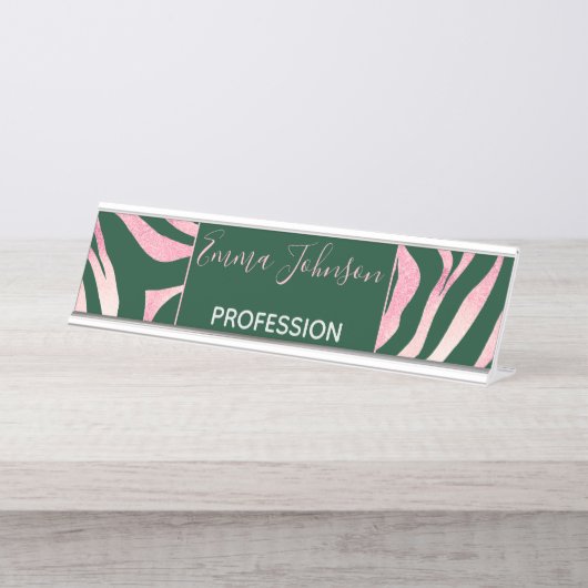 Elegante Green Rose Gold Glitzer Zebra Schreibtischnamensplakette (Vorderseite )