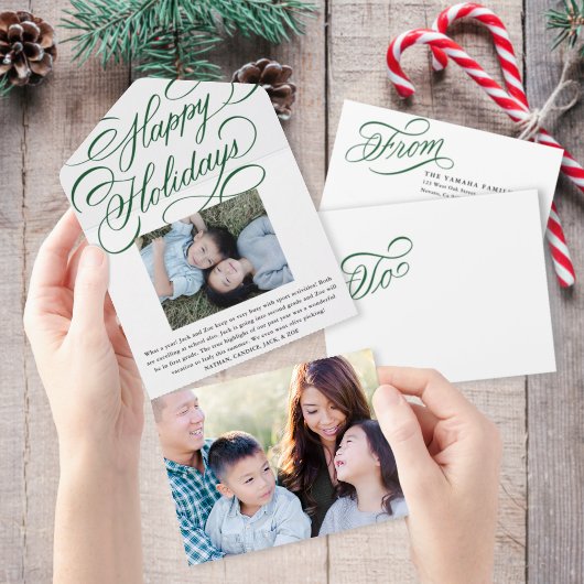 Elegante Green Script Happy Holiday Foto Card All In One Einladung