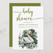 Elegante Green Script Swan Minimalistisch Baby Sho Einladung (Vorne/Hinten)