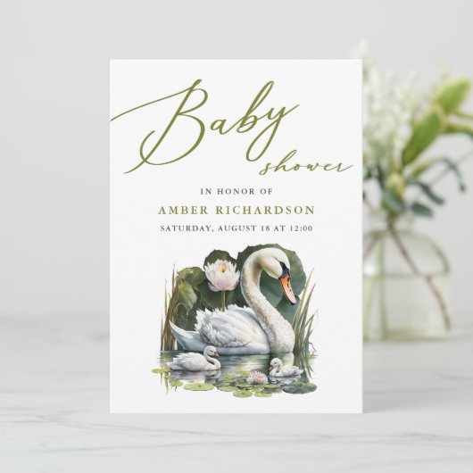 Elegante Green Script Swan Minimalistisch Baby Sho Einladung (Stehend Vorderseite)