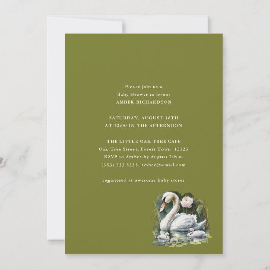 Elegante Green Script Swan Minimalistisch Baby Sho Einladung (Rückseite)