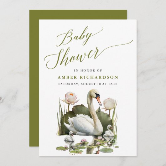 Elegante Green Script Swan Minimalistisch Baby Sho Einladung (Vorne/Hinten)