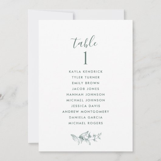 Elegante Green Seating Plan Cards mit Gästennamen (Vorderseite)