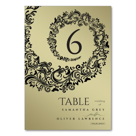 Elegante Green und Gold Damask Hochzeit-Tischnumme Tischnummer (Vorderseite)