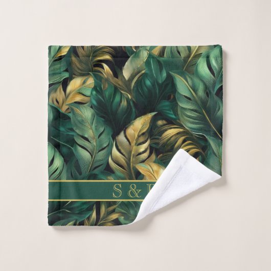 Elegante Green und Gold Monstera Blätter Badhandtuch Set (Waschlappen)