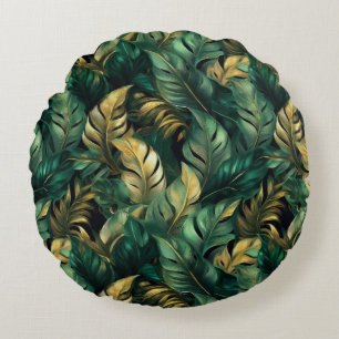 Elegante Green und Gold Monstera Blätter Rundes Kissen