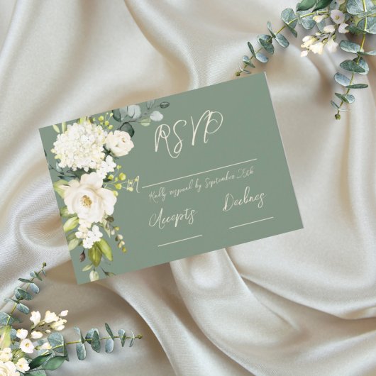 Elegante Green White Floral RSVP Karte