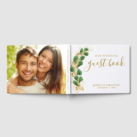 Elegante Greenerity White and Gold Foto Wedding Gästebuch (Voll)