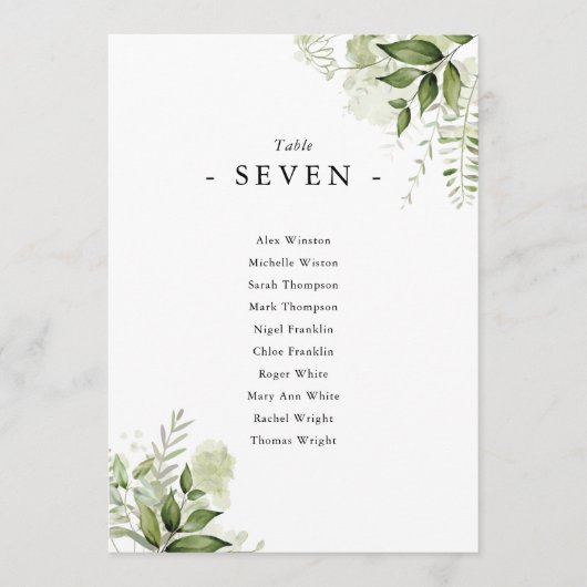 Elegante Greenery Bloral Sitzplan Tischnummer (Vorderseite)