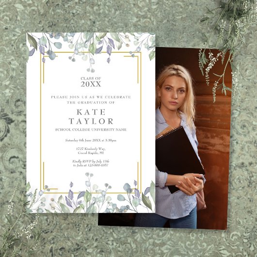 Elegante Greenery Floral Foto Graduation Party Einladung