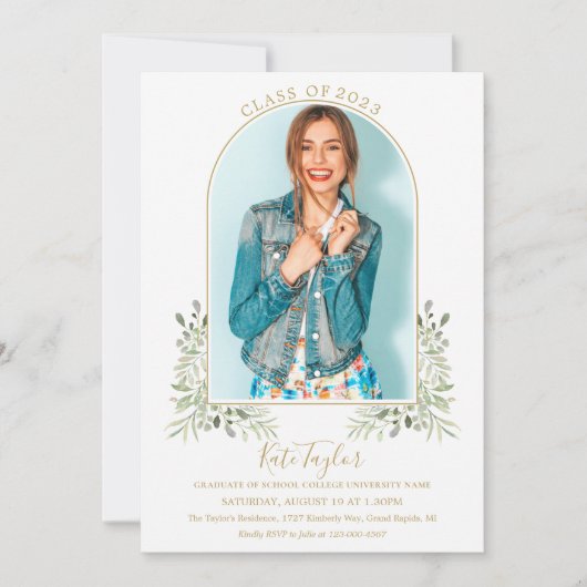 Elegante Greenery Gold Arch Foto Graduation Party Einladung (Vorderseite)