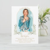 Elegante Greenery Gold Arch Foto Graduation Party Einladung (Stehend Vorderseite)