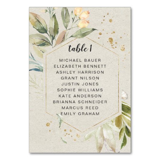 Elegante Greenery Gold Frame Table Cards Tischnummer (Vorderseite)