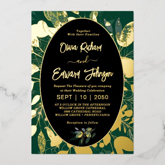 Elegante Greenery Gold Geometric Frame Blätter Folieneinladung (Vorderseite)