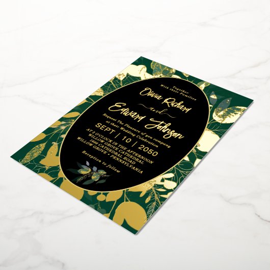 Elegante Greenery Gold Geometric Frame Blätter Folieneinladung (Gedreht)