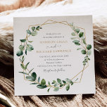 Elegante Greenery Gold Geometric Frame Wedding Einladung<br><div class="desc">Dieses moderne,  individuell gestaltbare Wedding Invitation besticht durch einen geometrisch goldenen Rahmen,  der mit moody aquarell dekoriert ist und mit einem klassischen Serif-Schriftart in Grau und Gold gepaart wurde. Um erweiterte Änderungen vorzunehmen,  wählen Sie bitte unter Personalisieren dieser Vorlage die Option "Klicken Sie auf,  um weitere Anpassungen vorzunehmen".</div>