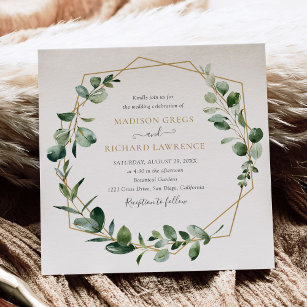 Elegante Greenery Gold Geometric Frame Wedding Einladung