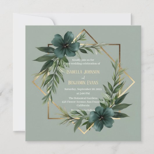 Elegante Greenery Gold Geometric Frame Wedding Einladung (Vorderseite)