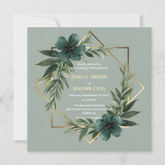 Elegante Greenery Gold Geometric Frame Wedding Einladung