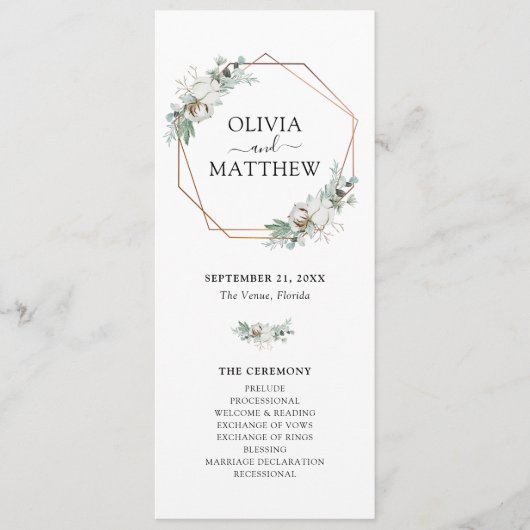 Elegante Greenery Gold Geometric Frame Wedding Programm (Vorderseite)