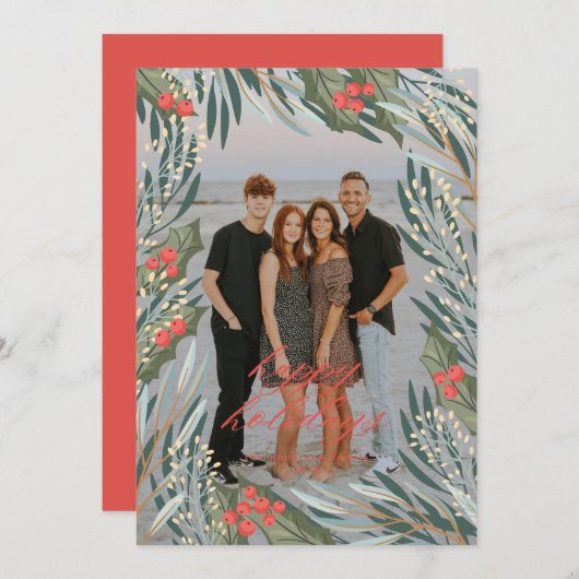 Elegante Greenery Holiday Frame Karte (Vorne/Hinten)