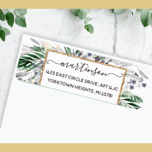 Elegante Greenery Script Gold Frame Rücksendeadres