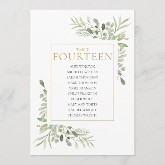 Elegante Greenery Tischnummer 14 Seating Chart (Vorderseite)