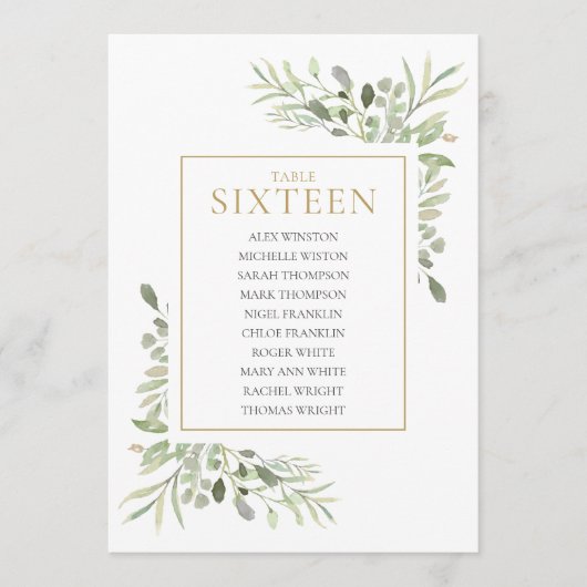Elegante Greenery Tischnummer 16 Seating Chart (Vorderseite)