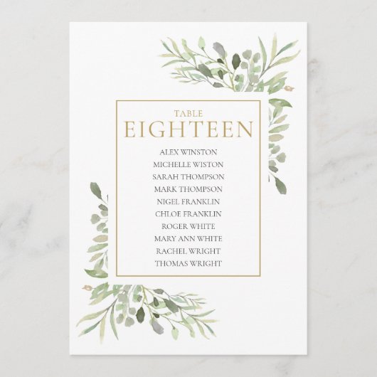Elegante Greenery Tischnummer 18 Seating Chart (Vorderseite)
