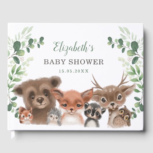 Elegante Greenery Woodland Animals Baby Shower Gästebuch (Vorderseite)