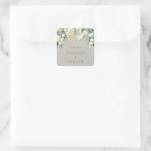 Elegante Greige Schneebeere+Eukalyptus Hochzeit Quadratischer Aufkleber