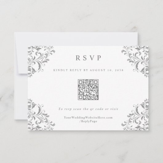 Elegante Grey Vintage Wedding QR Code RSVP Card (Vorderseite)